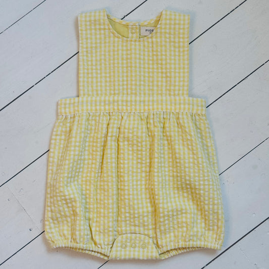 Bib Romper | Yellow Seersucker Check