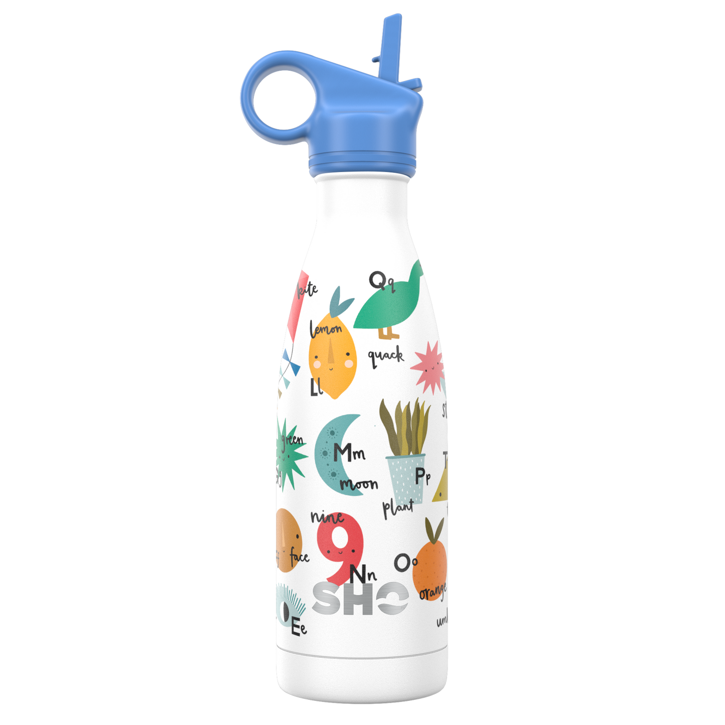 reusable water bottle for kids with alphabet print on a white background