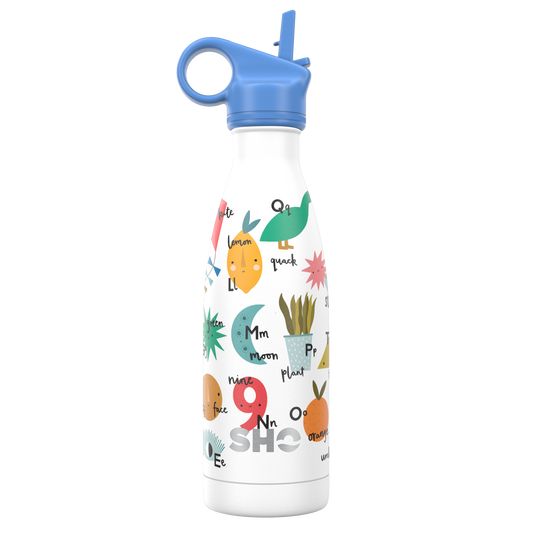 reusable water bottle for kids with alphabet print on a white background