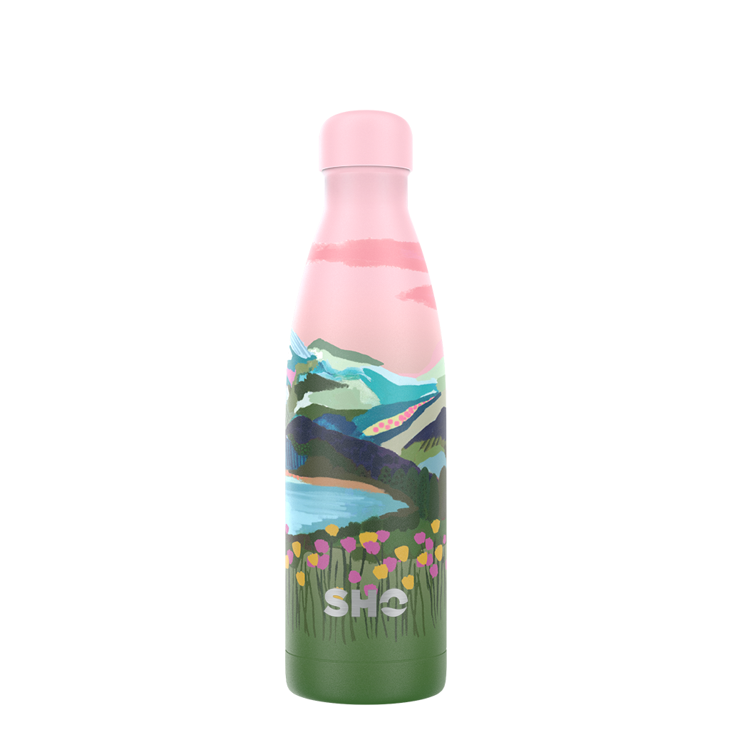 sho reusable water bottle in mountain designed by rhi james, green blissful mountains on a pink sky