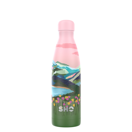 sho reusable water bottle in mountain designed by rhi james, green blissful mountains on a pink sky