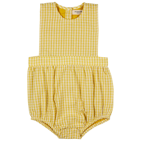 Bib Romper | Yellow Seersucker Check